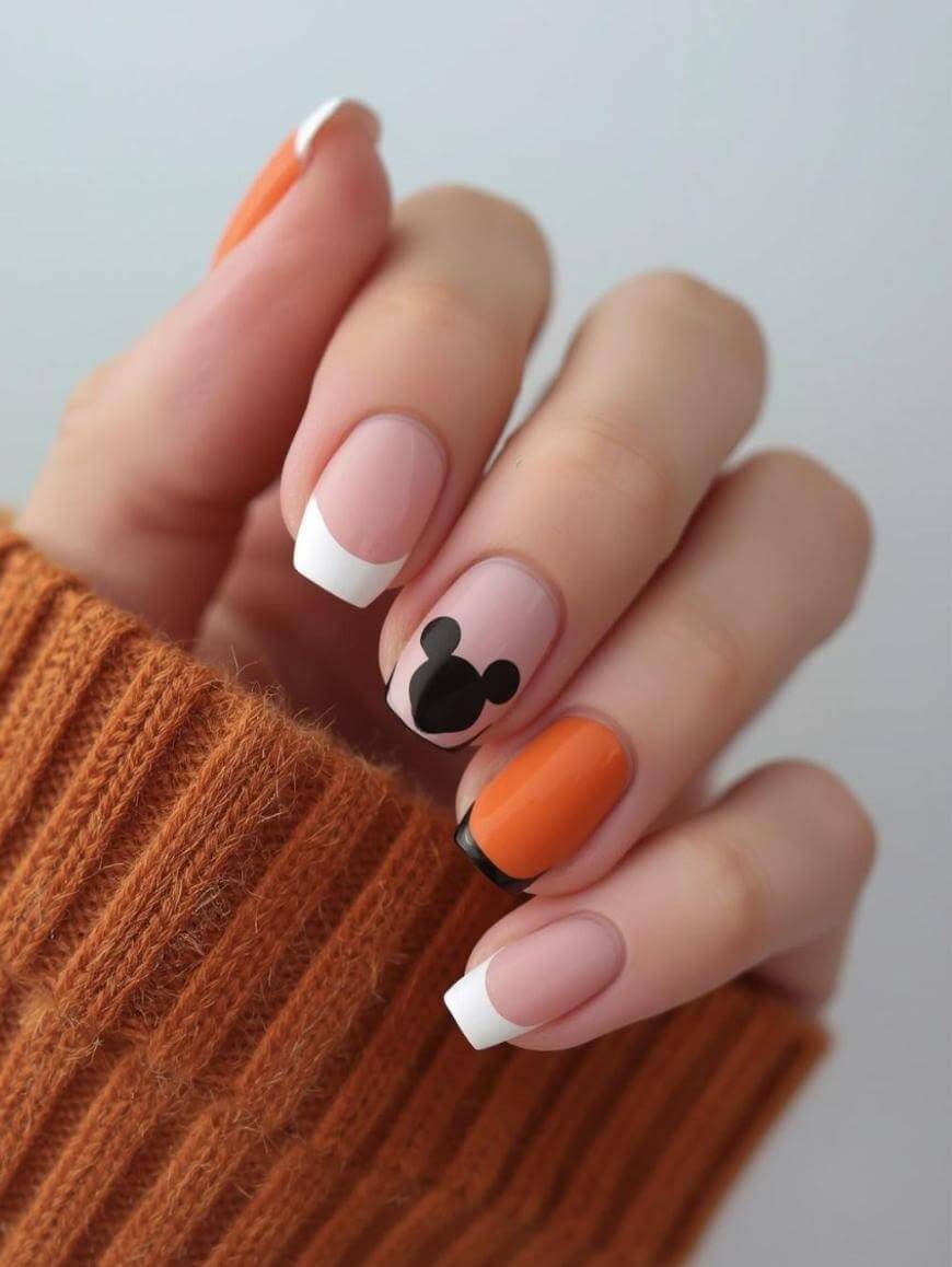 Medium Square French Mickey Mouse Orange Nails — Trendy Disney Nails