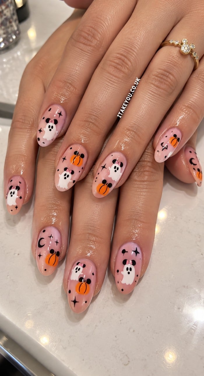 Medium Oval Sheer Pink Halloween Ghost Pumpkin Nails — Trendy Disney Nails