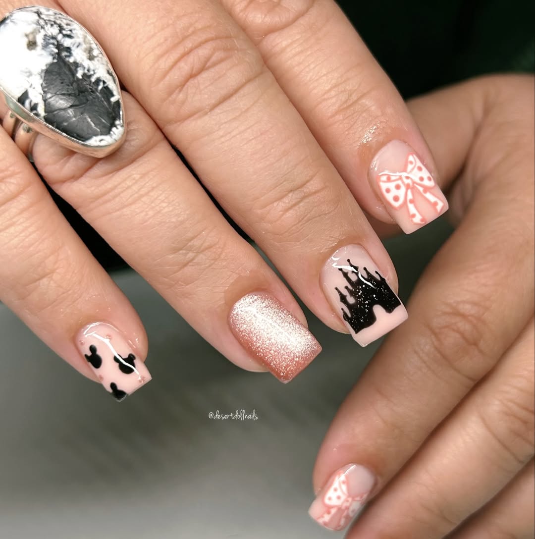 Short Square Pink Black Mickey Mouse And Castle Nails — Trendy Disney Nails