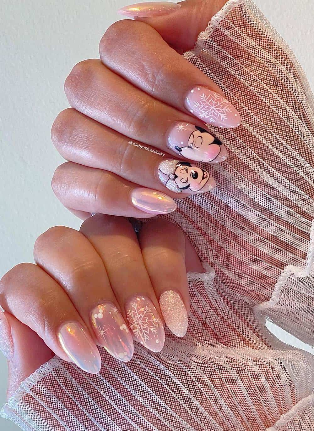 Medium Almond Pink Pearlescent Mickey Snowflake Nails — Trendy Disney Nails