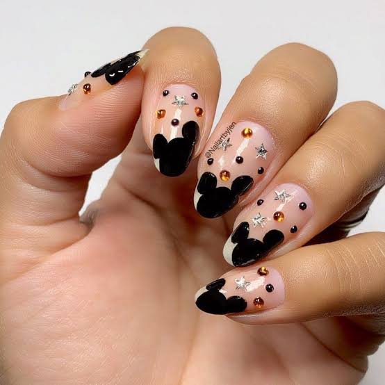 Medium Almond Nude Black Mickey Mouse Rhinestone Nails, Glossy — Trendy Disney Nails