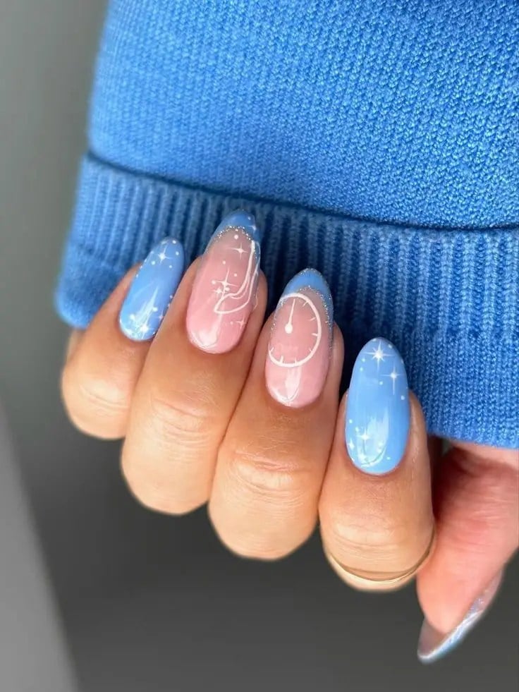 Short Oval Cinderella Pink Blue Clock Face Nails — Trendy Disney Nails