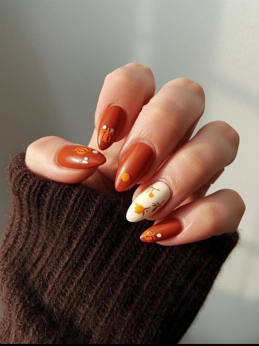 Medium Almond Terracotta Orange Pumpkin Leaf Nails — Trendy Disney Nails