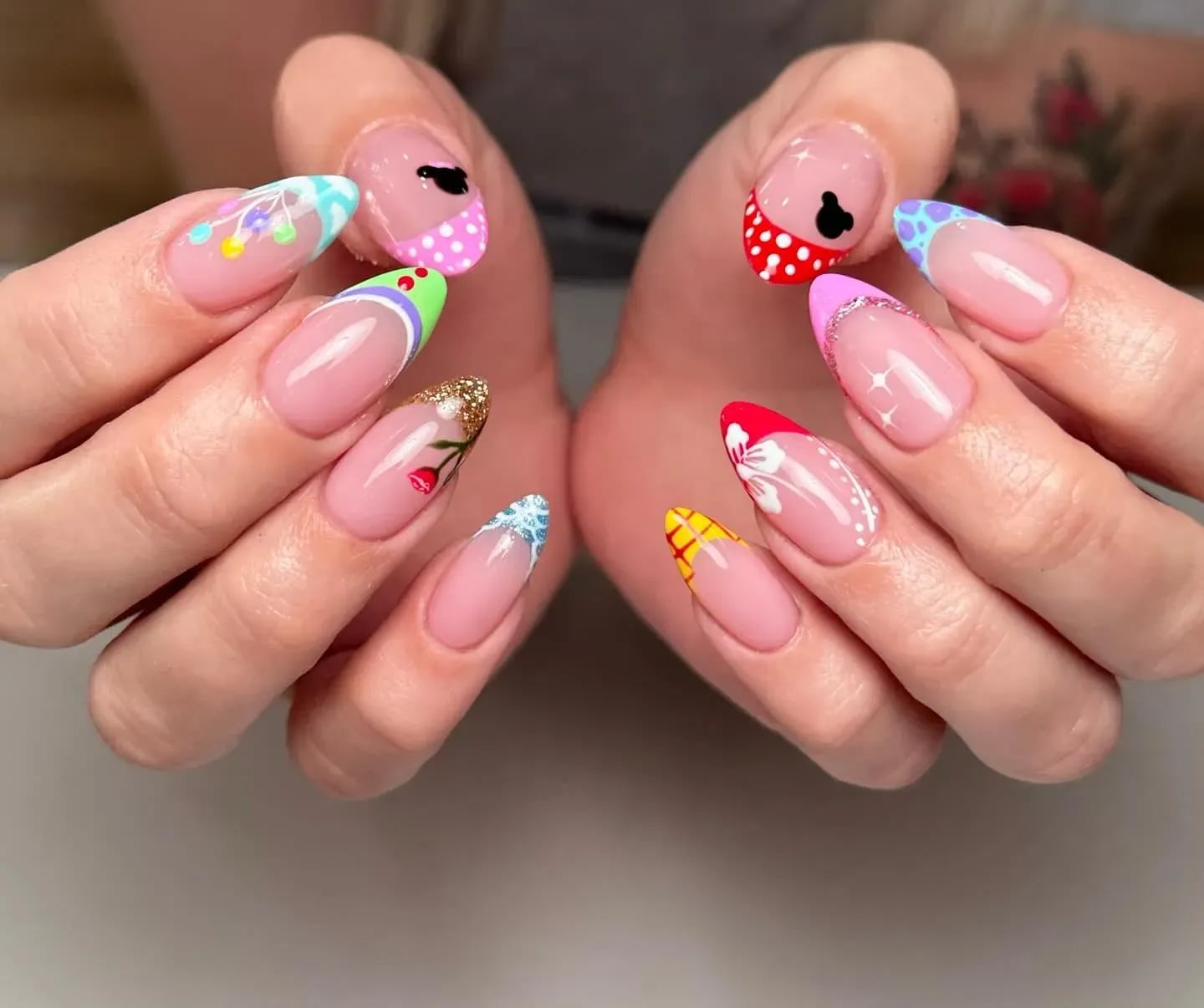 Medium Almond French Tip Character Floral Nails — Trendy Disney Nails