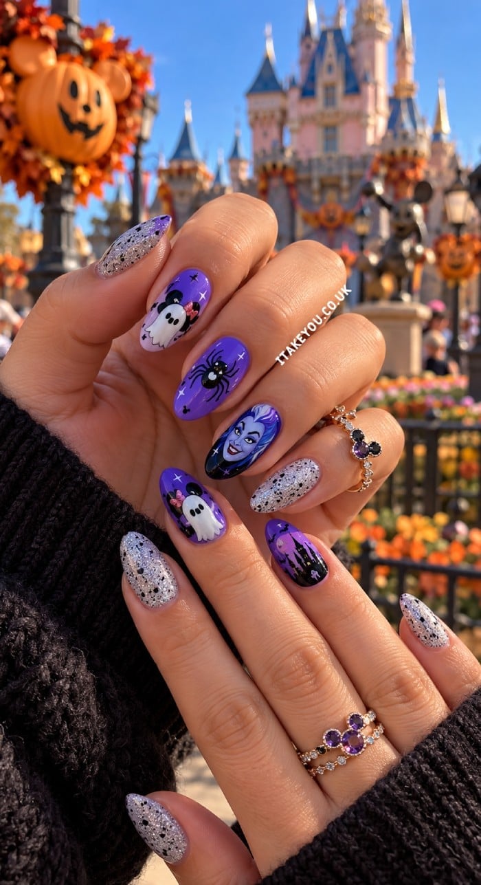 Medium Almond Purple Green Flame And Spiderweb Nails — Trendy Disney Nails
