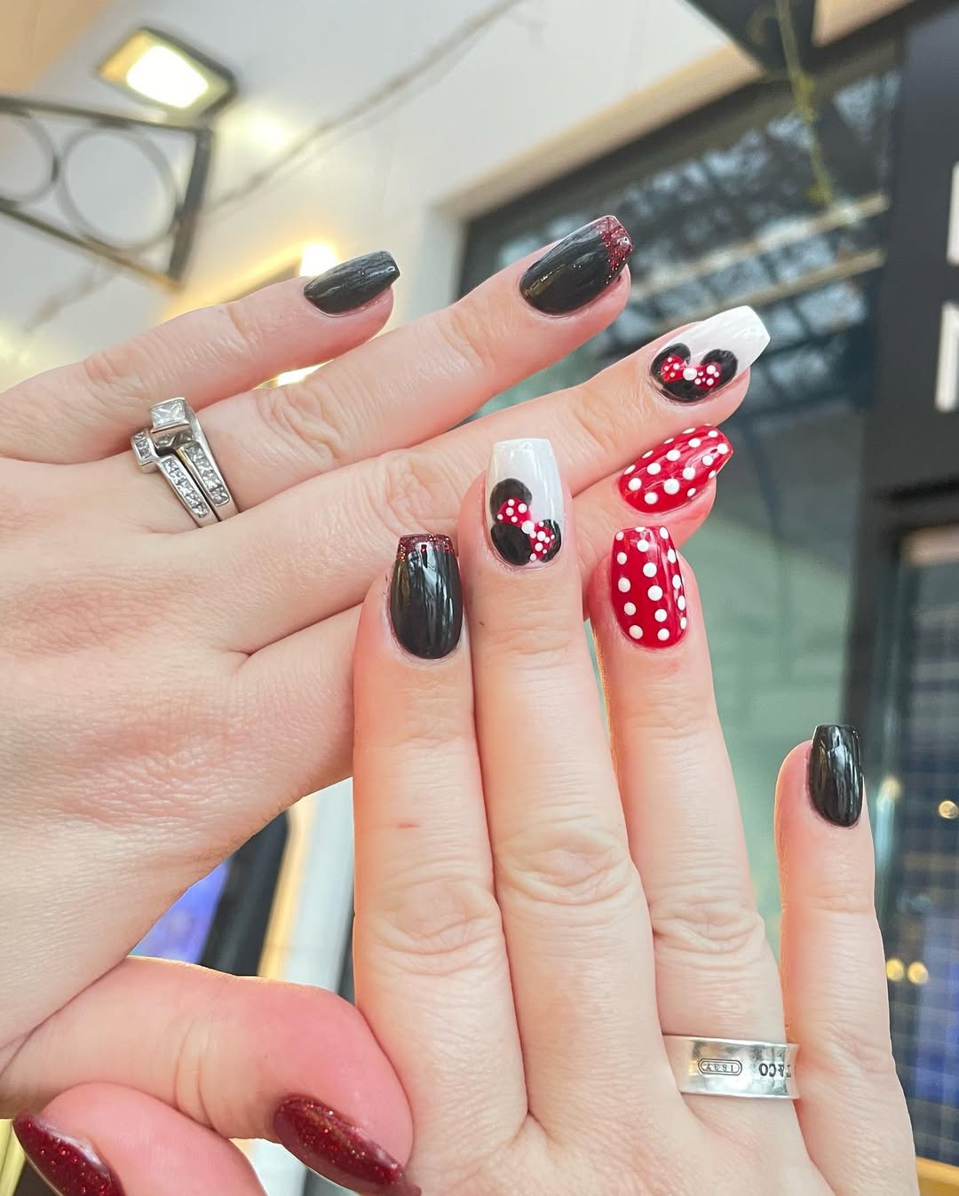 Long Coffin Minnie Mouse Polka Dot Nails — Trendy Disney Nails