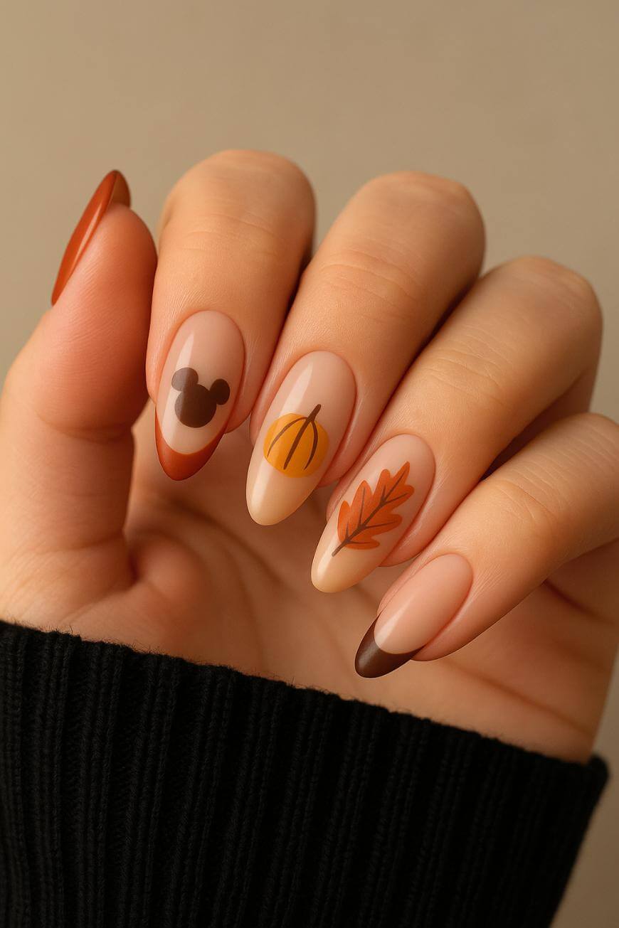 Short Almond Fall Mickey Pumpkin Leaf Nails — Trendy Disney Nails