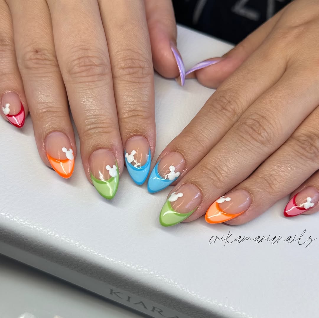 Medium Almond Colorful French Mickey Ears Nails — Trendy Disney Nails