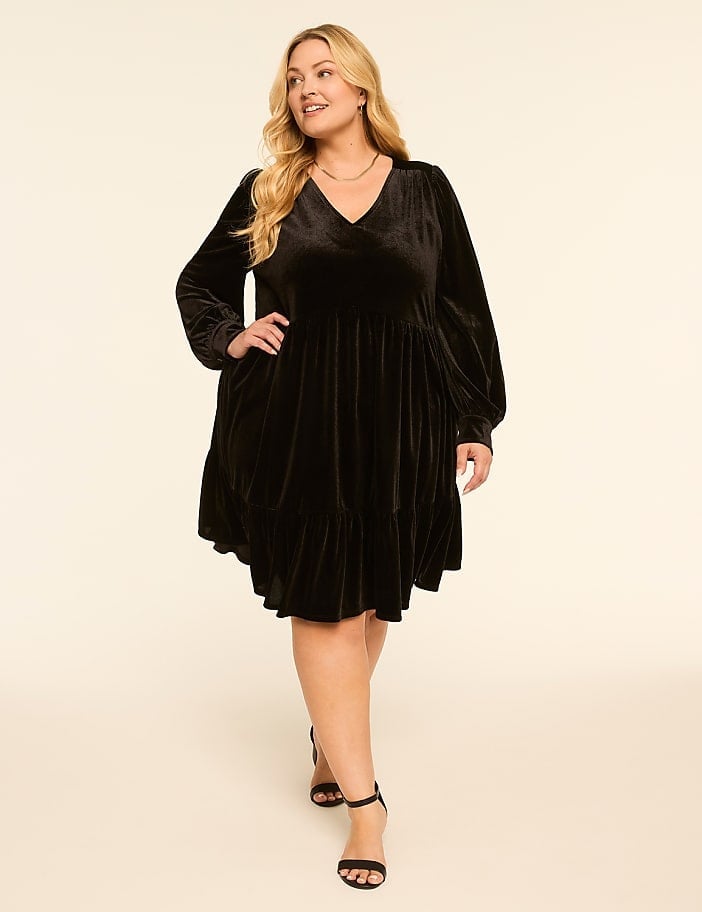 Black Velvet Dress With Tiered Ruffle Hem — Trendy Dress with Sleeves