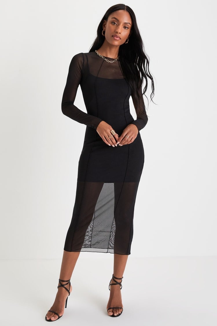 Black Fitted Midi Dress With Sheer Mesh Panels — Trendy Dress with Sleeves