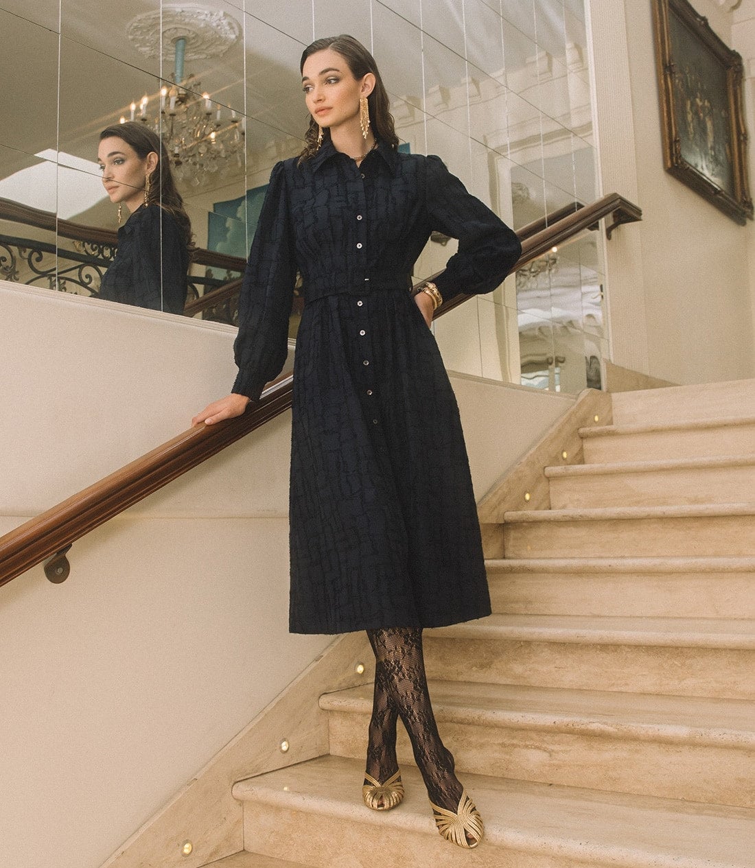 Dark Blue Textured Midi Dress With Puff Sleeves — Trendy Dress with Sleeves