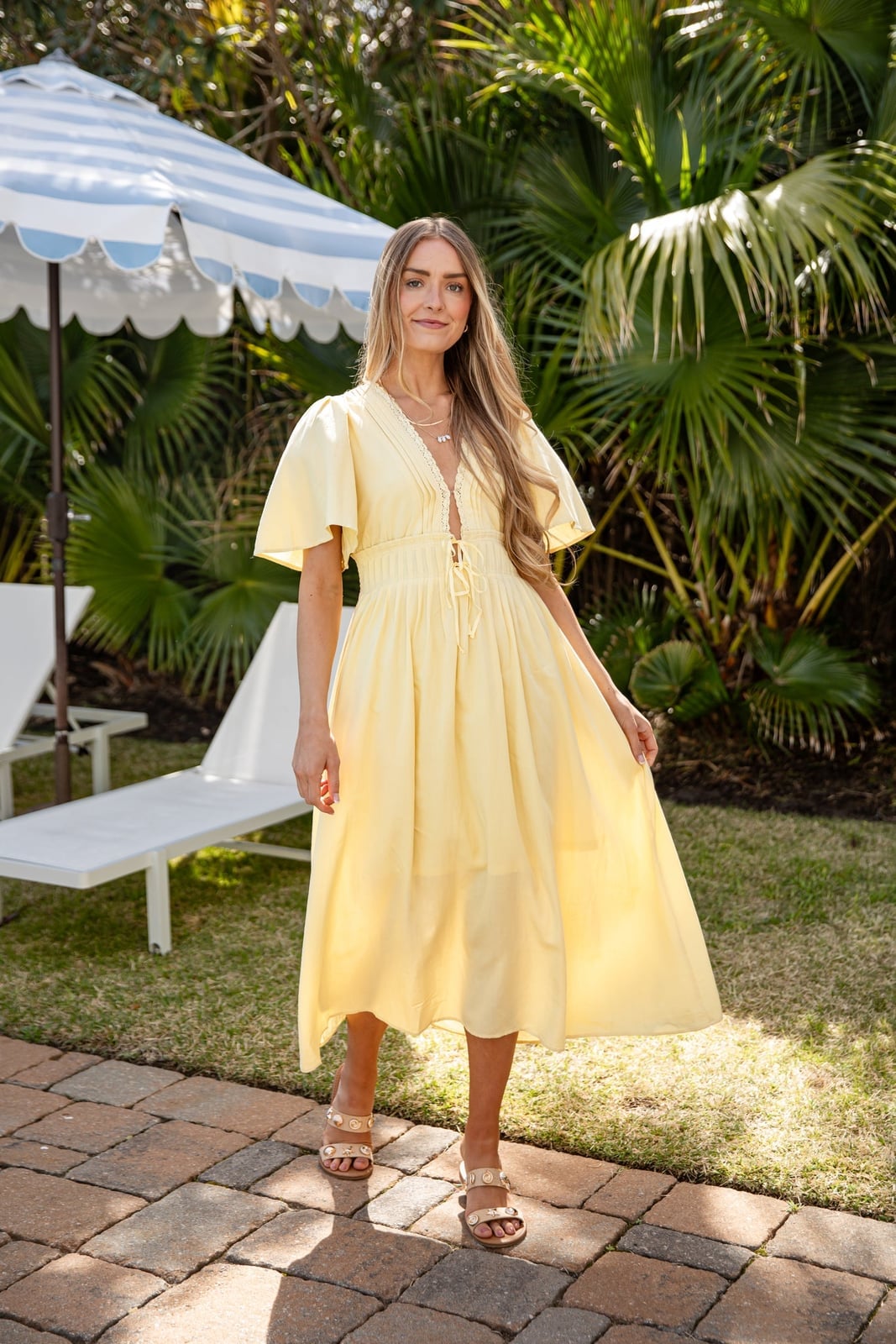 Pale Yellow Midi Dress With Tie Front Detail — Trendy Dress with Sleeves