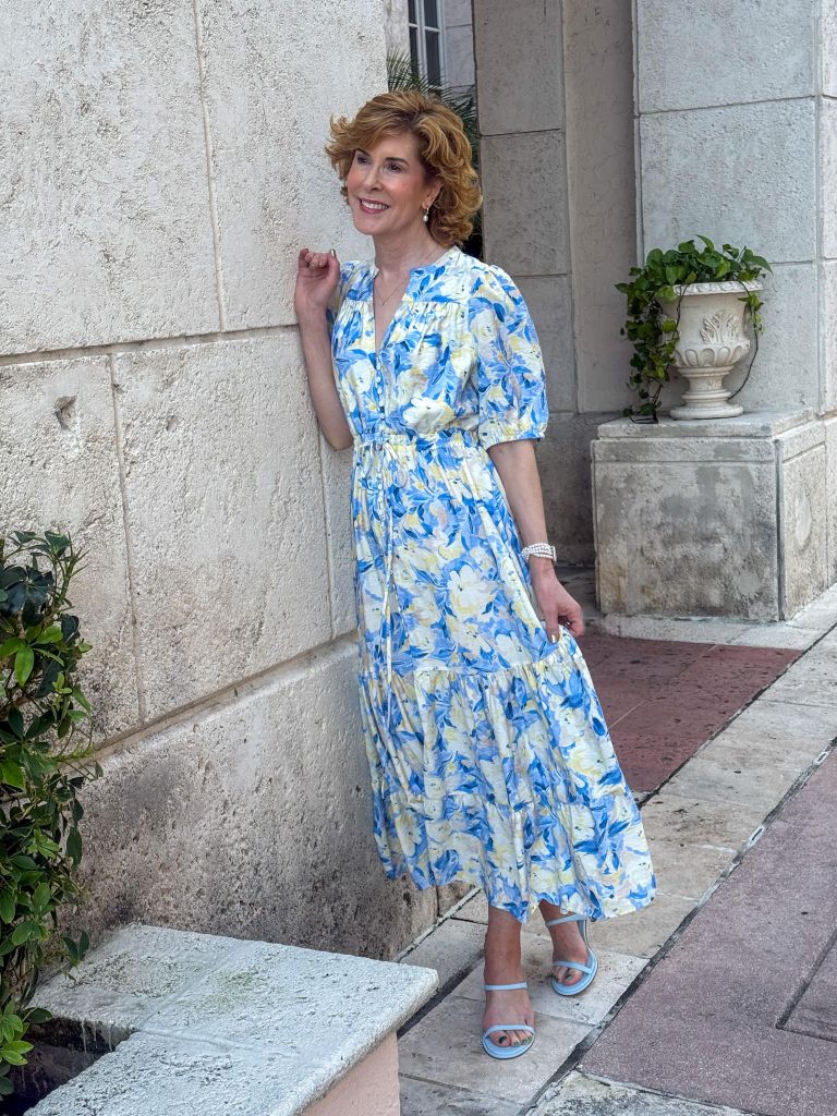 Blue Yellow Floral Print Tiered Midi Dress — Trendy Dress with Sleeves