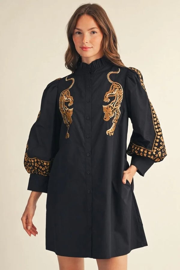 Black Shirt Dress With Tiger Embroidery — Trendy Dress with Sleeves