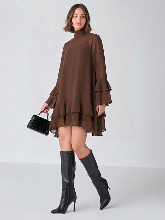 Brown Sheer Mini Dress With Tiered Ruffles — Trendy Dress with Sleeves
