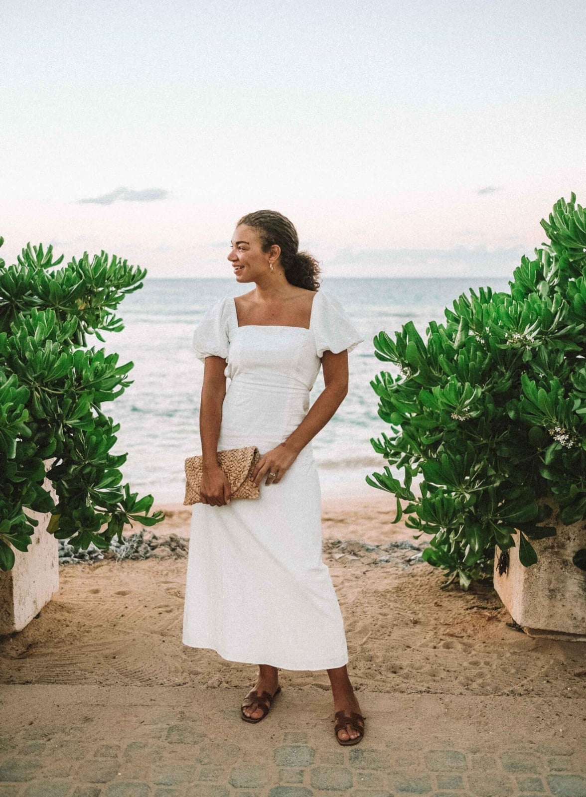 White Linen Blend Midi Dress With Puff Sleeves — Trendy Dress with Sleeves