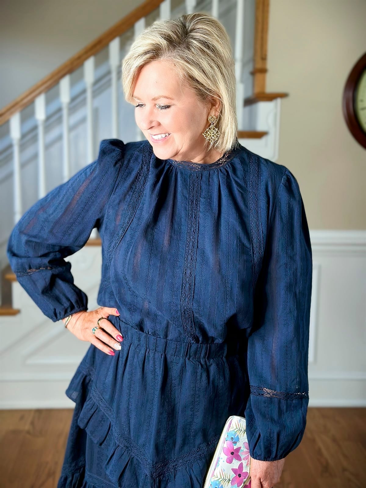 Navy Blue Textured Cotton Mini Dress — Trendy Dress with Sleeves