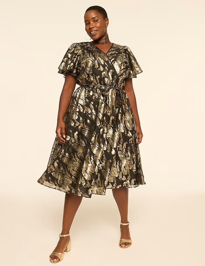 Black Gold Metallic Floral Wrap Dress — Trendy Dress with Sleeves
