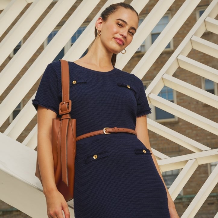 Multi-Color Striped Knit Fitted Midi Dress — Trendy Dress with Sleeves
