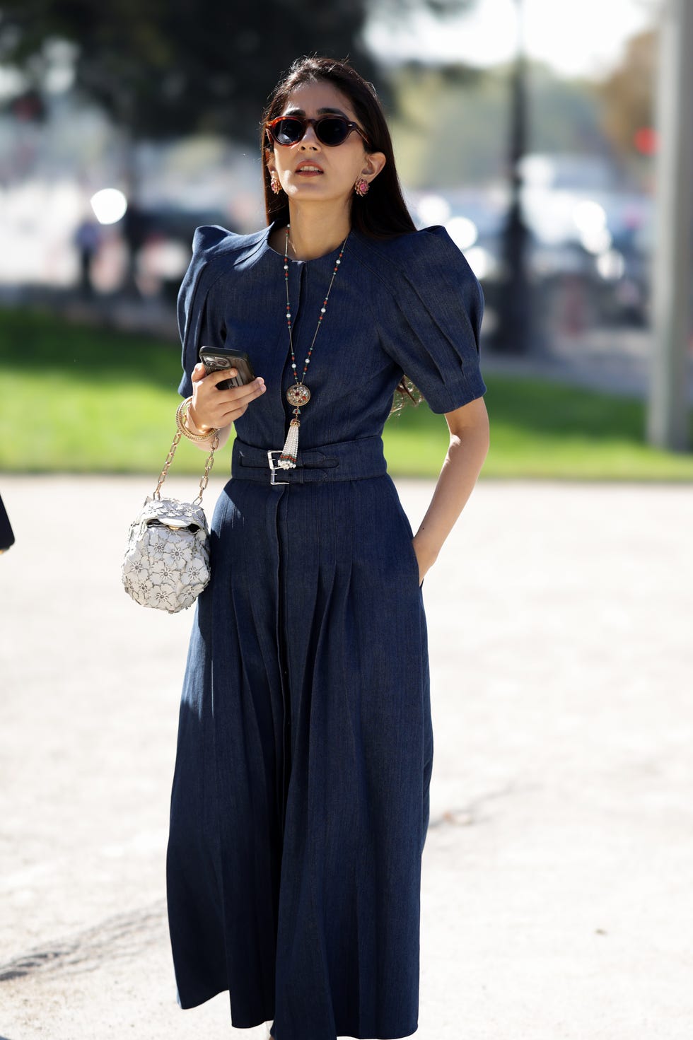 Dark Blue Denim Midi Dress With Belted Waist — Trendy Dress with Sleeves
