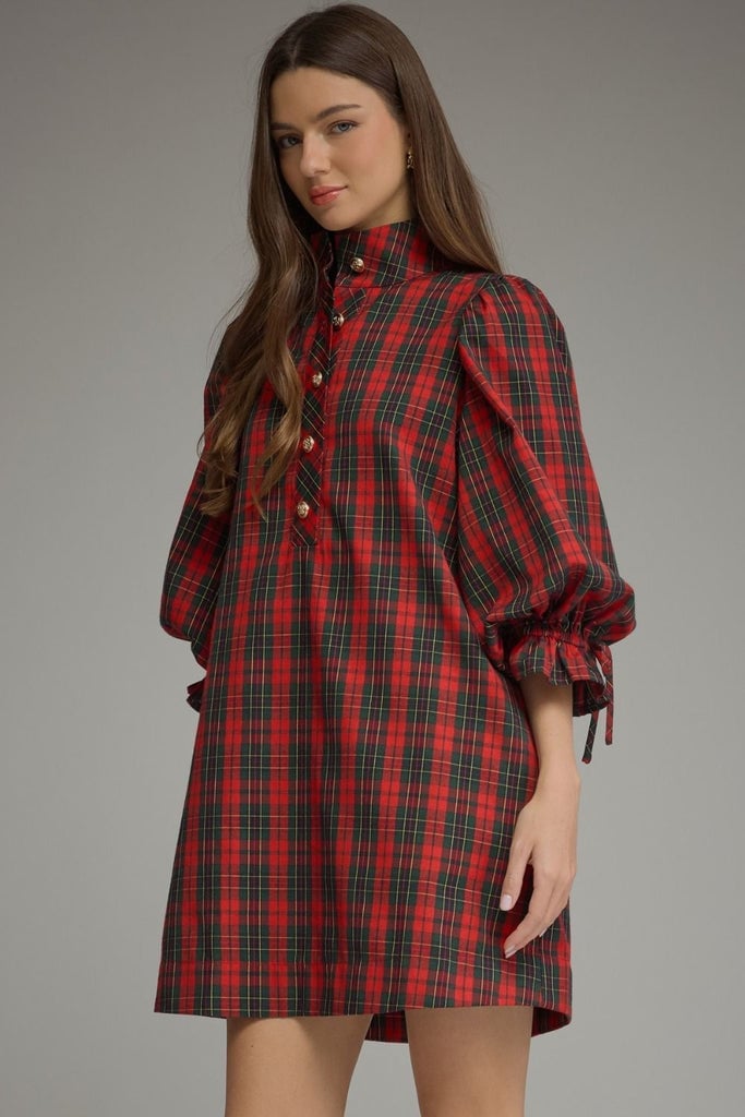 Plaid Cotton Mini Shirt Dress With Puffed Sleeves — Trendy Dress with Sleeves