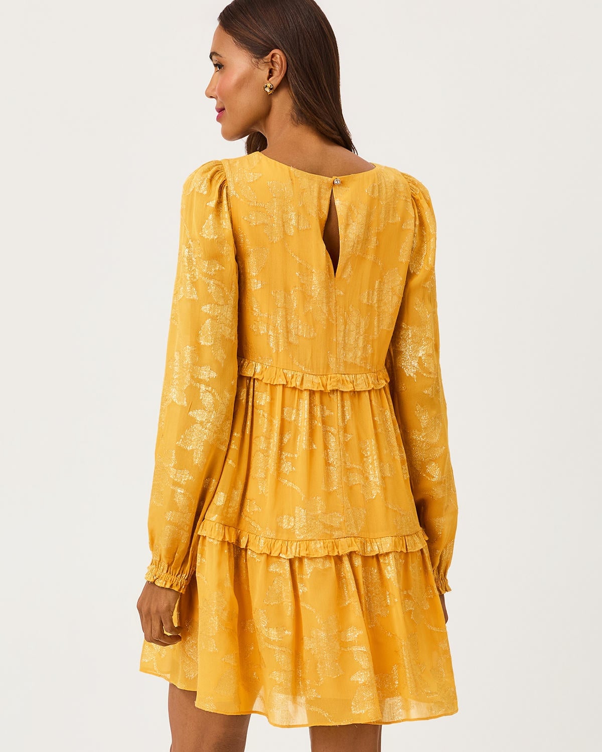 Yellow Metallic Jacquard Mini Dress With Puff Sleeves, Close-Up Take — Trendy Dress with Sleeves