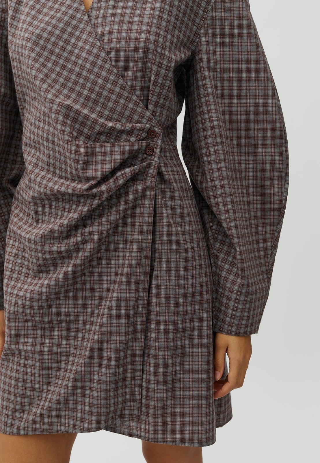 Brown Gray Checked Wrap Dress With Draped Front, Close-Up Take — Trendy Dress with Sleeves