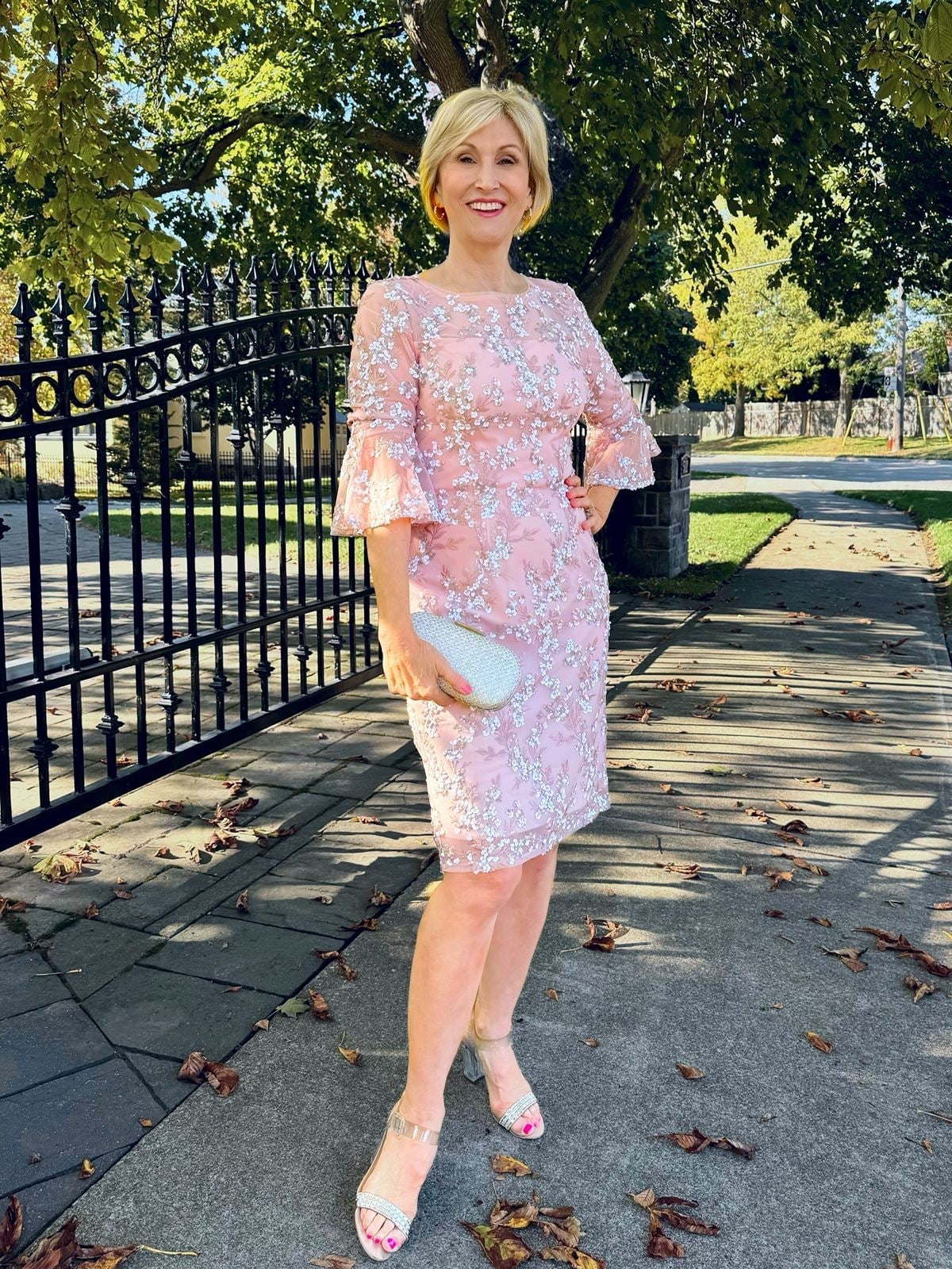 Pink Lace Dress With Sequin Embellishments, Clear Strap Heels — Trendy Dress with Sleeves