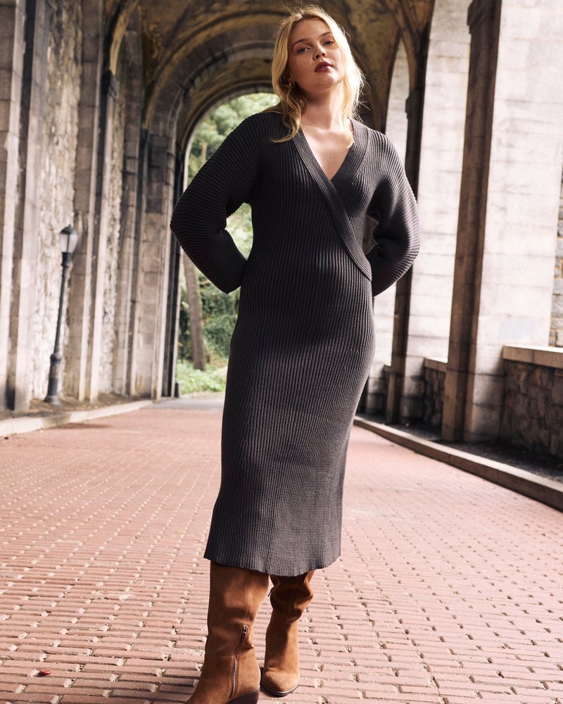 Dark Gray Ribbed Knit Maxi Wrap Dress — Trendy Dress with Sleeves