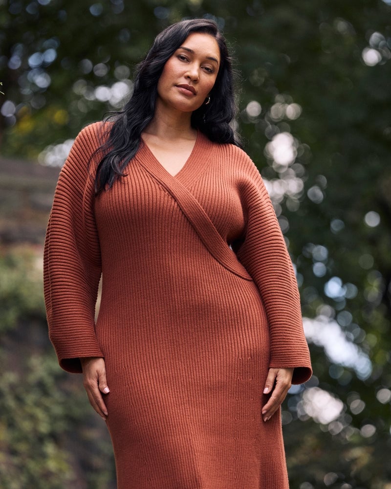 Burnt Orange Ribbed Knit Long Sleeve Wrap Dress — Trendy Dress with Sleeves