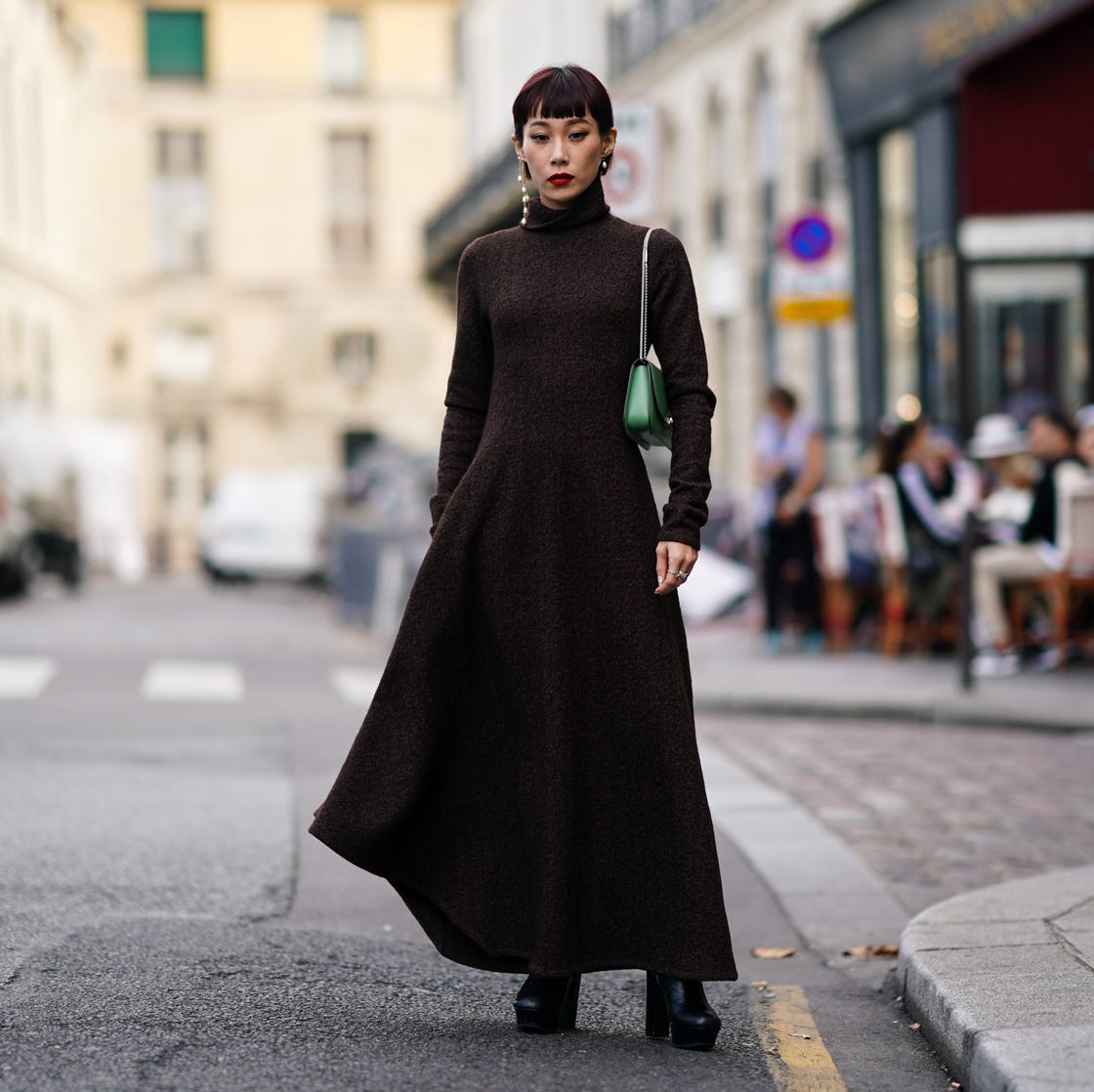 Dark Brown Turtleneck Knit Maxi Dress — Trendy Dress with Sleeves