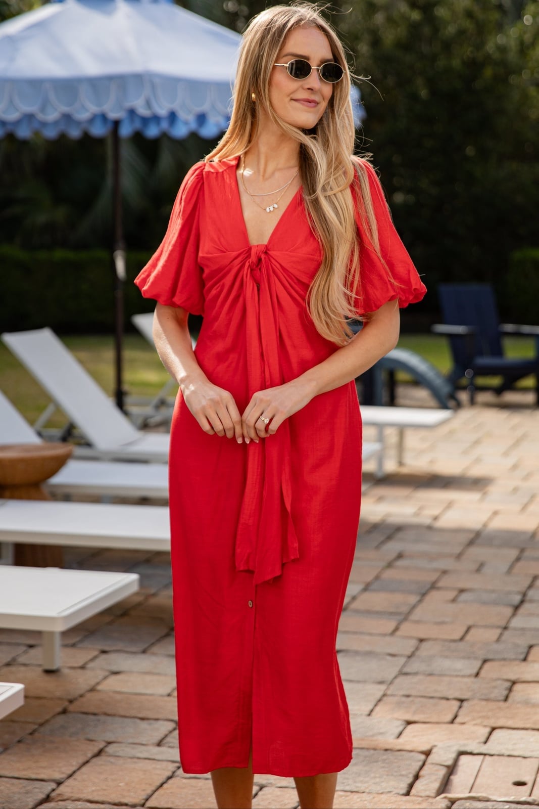 Vibrant Red Midi Dress With Tie Front — Trendy Dress with Sleeves