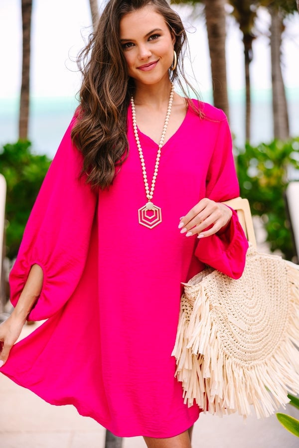 Hot Pink Dress With Voluminous Bubble Sleeves — Trendy Dress with Sleeves