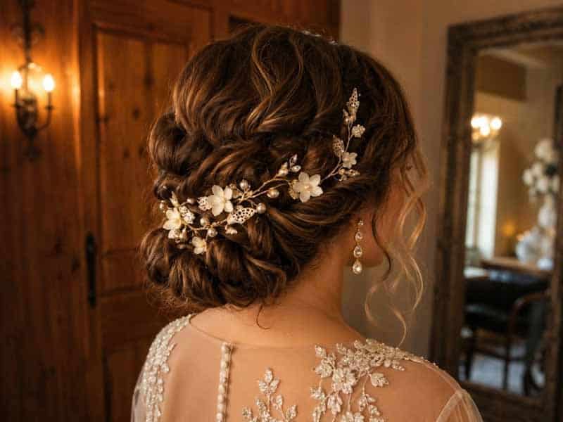 Dark Brown Braided Updo With Pearls Dark Brown Braided Updo With Pearls — Trendy Elegant Updo