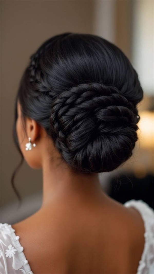 Dark Brown Intricate Braided Updo, Straight Dark Brown Intricate Braided Updo, Straight — Trendy Elegant Updo