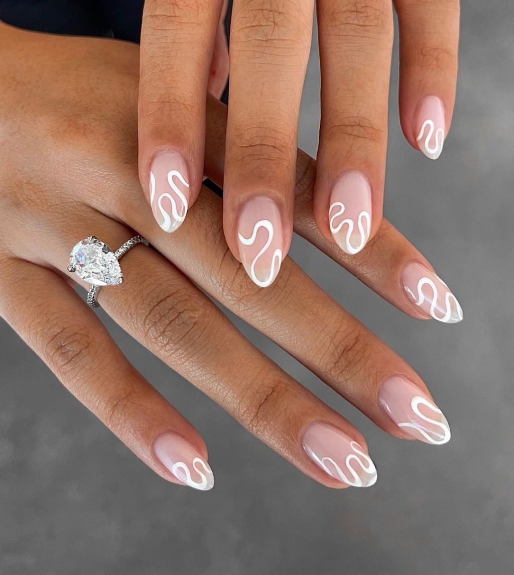 White Wavy Line Medium Almond Nails — Trendy Engagement Nails