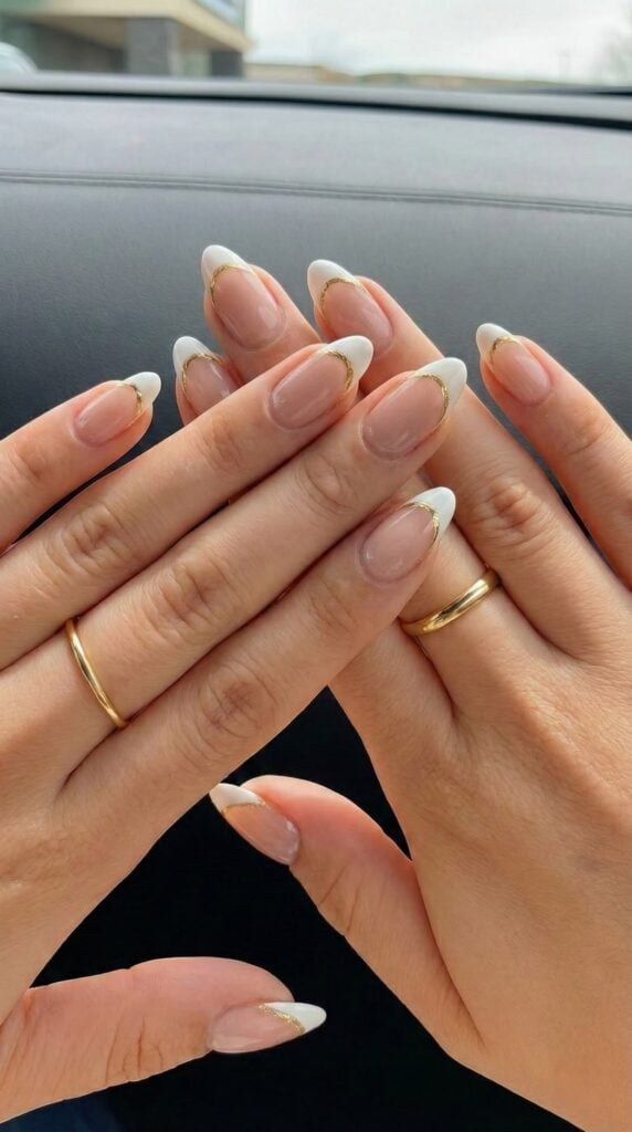 Gold Foil French Tip Short Almond Nails — Trendy Engagement Nails