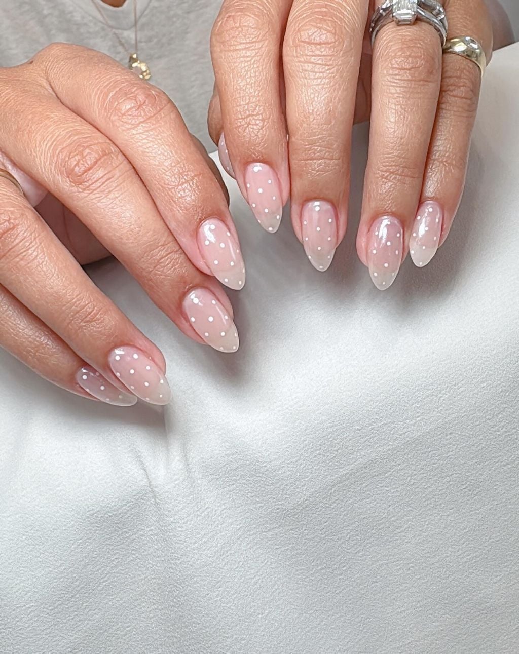 Small White Dot Polka Short Almond Nails — Trendy Engagement Nails