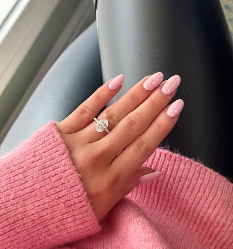 Milky Pink Glossy Short Almond Nails, Engagement Ring — Trendy Engagement Nails