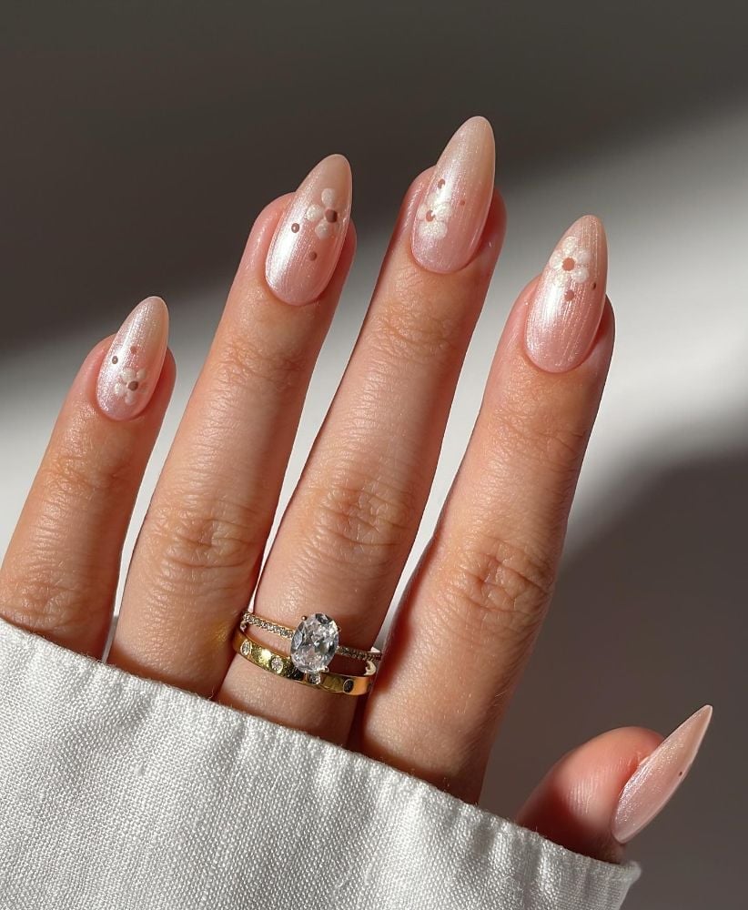 Pale Pink Shimmer Floral Dot Medium Almond Nails — Trendy Engagement Nails
