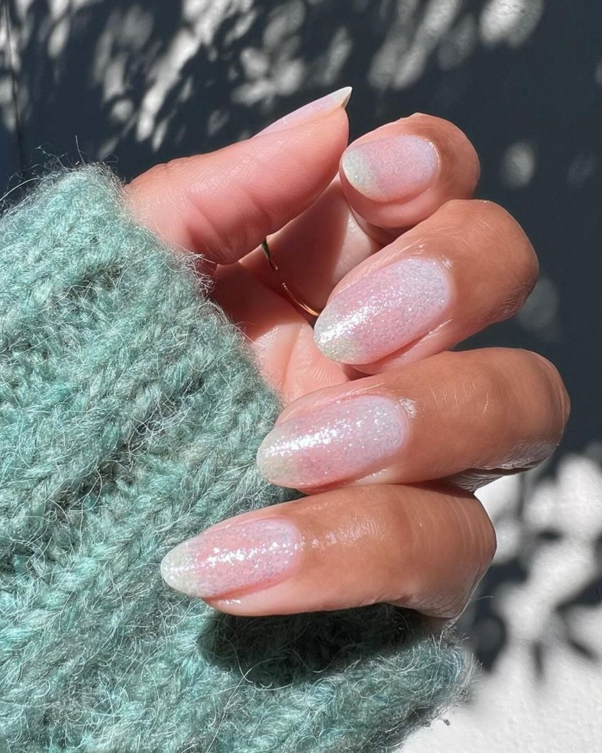 Sheer Pink Glitter Overlay Medium Oval Nails — Trendy Engagement Nails