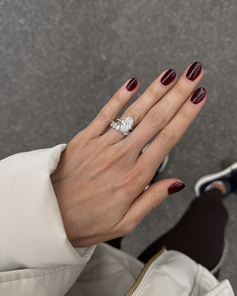 Deep Burgundy Glossy Medium Oval Nails — Trendy Engagement Nails