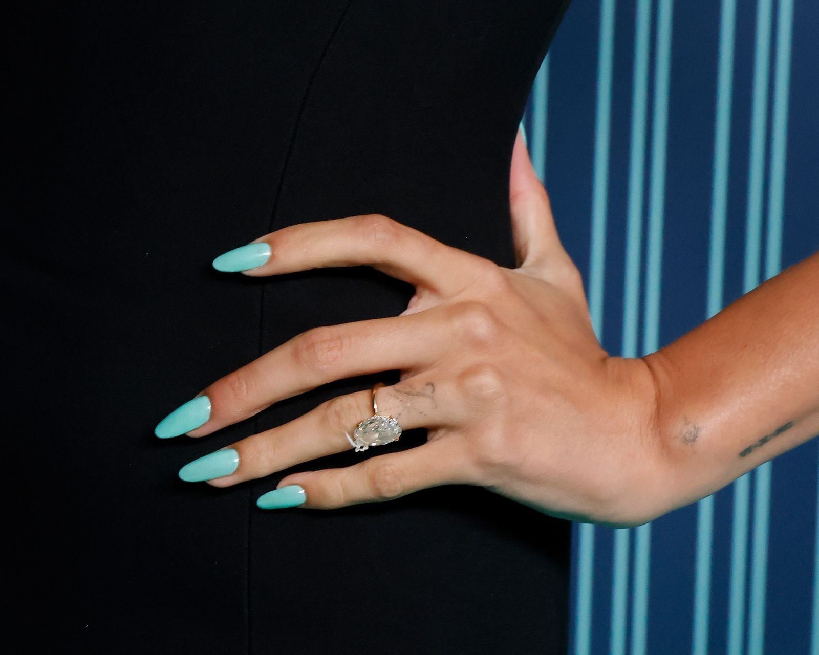 Bright Aqua Blue Glossy Long Almond Nails — Trendy Engagement Nails