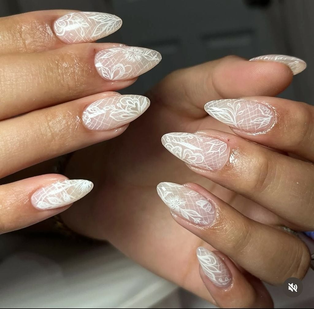 Scattered Pearl Shimmer Long Almond Bridal Nails — Trendy Engagement Nails