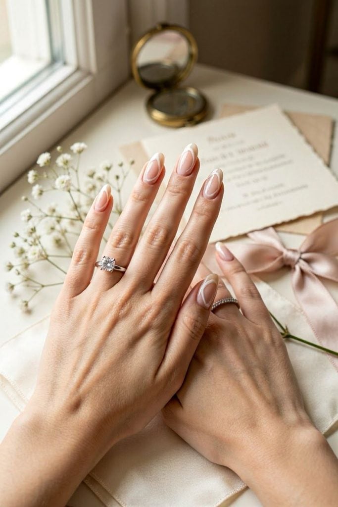 Thin White French Tip Long Almond Nails — Trendy Engagement Nails