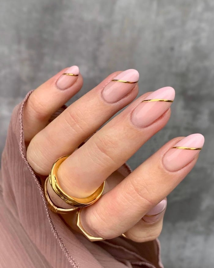 Gold Line Modern French Medium Oval Nails — Trendy Engagement Nails