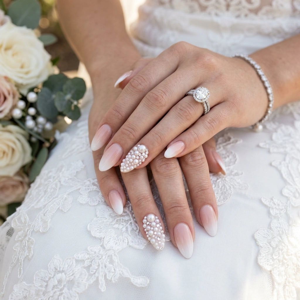 Pearl and Rhinestone Ombre Long Almond Nails — Trendy Engagement Nails
