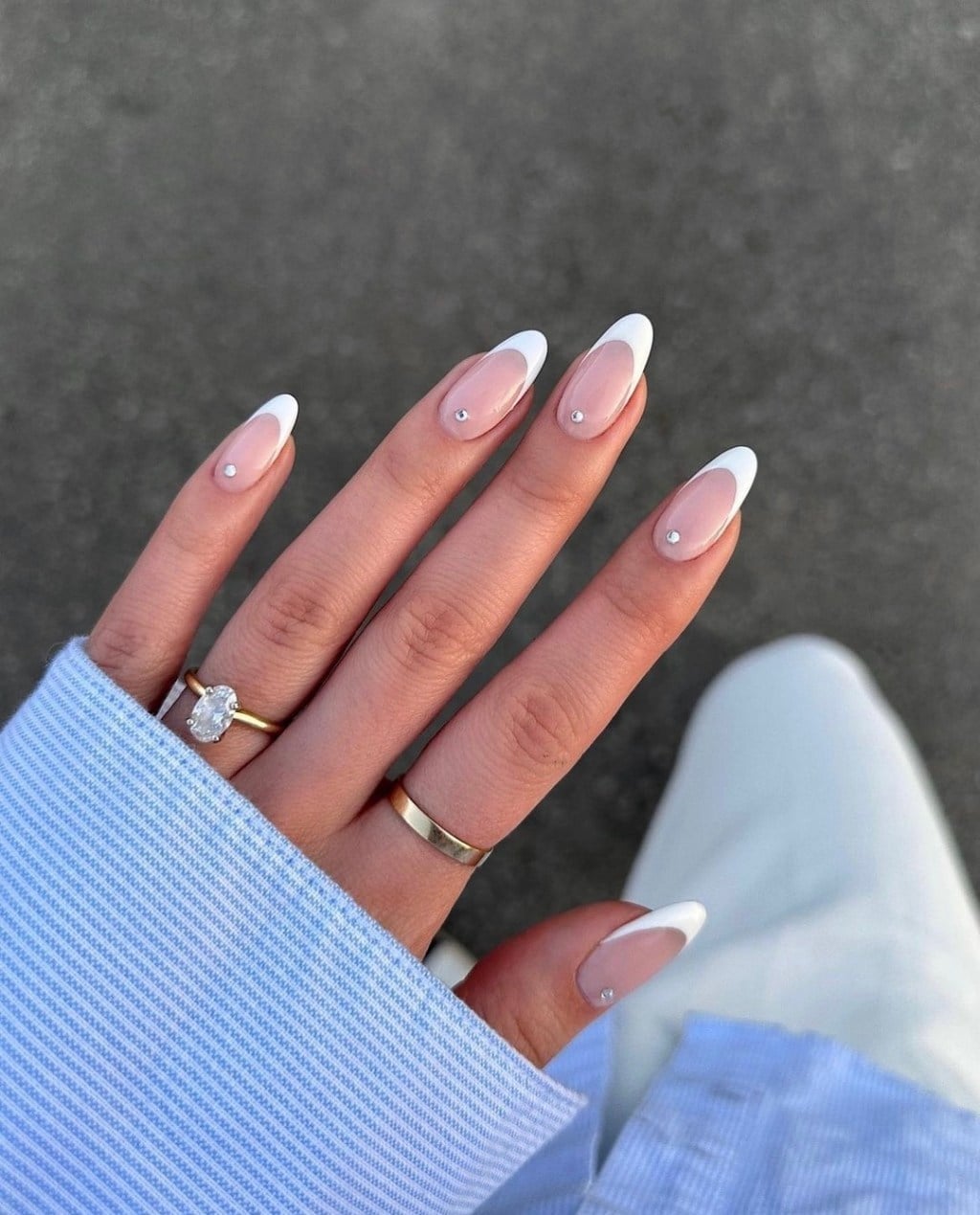 Subtle Rhinestone French Medium Almond Nails — Trendy Engagement Nails