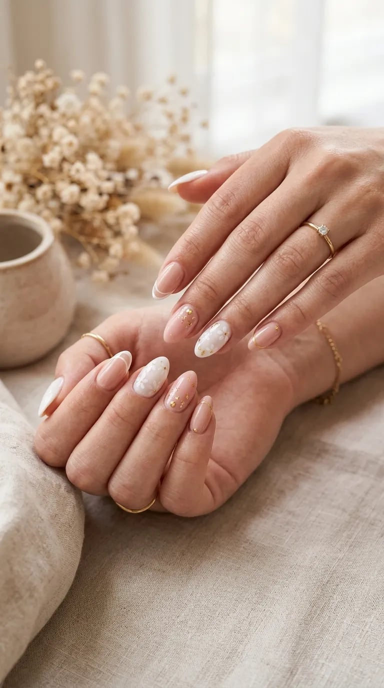 White Floral Art Short Oval Nails — Trendy Engagement Nails