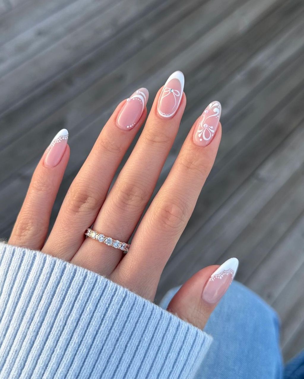 White Line Art Long Almond Engagement Nails — Trendy Engagement Nails